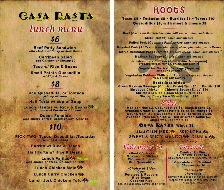 Casa Rasta_lunch menu
